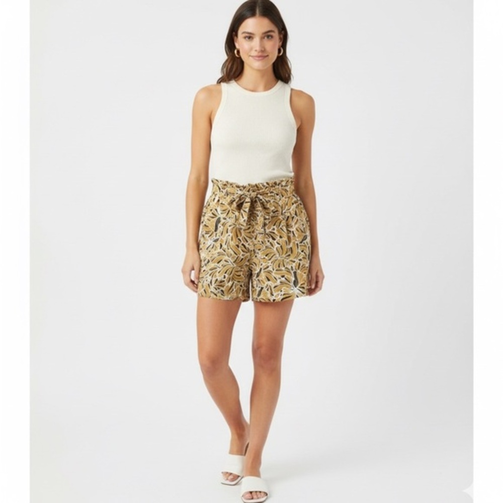 Paperbag High Waist Leaf Print Shorts - Tan and Black XXL 2XL